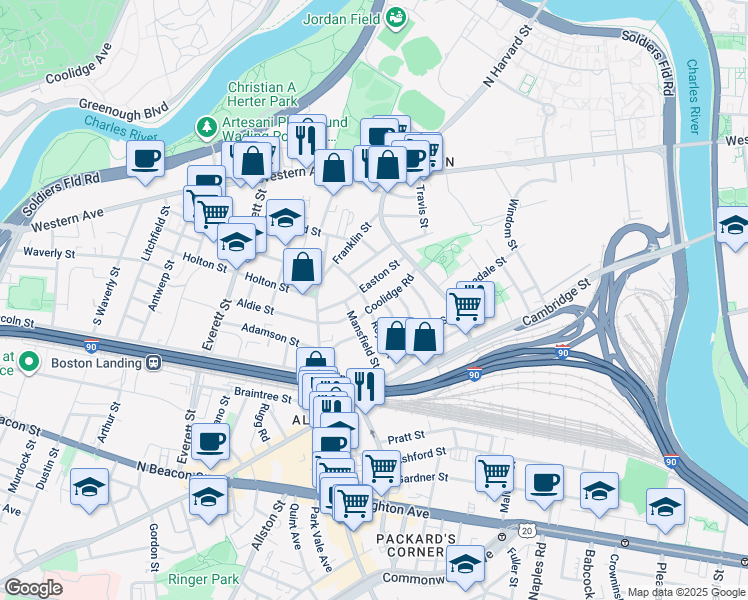 map of restaurants, bars, coffee shops, grocery stores, and more near 24 Easton Street in Brookline