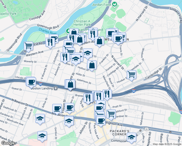 map of restaurants, bars, coffee shops, grocery stores, and more near 52 Athol Street in Boston