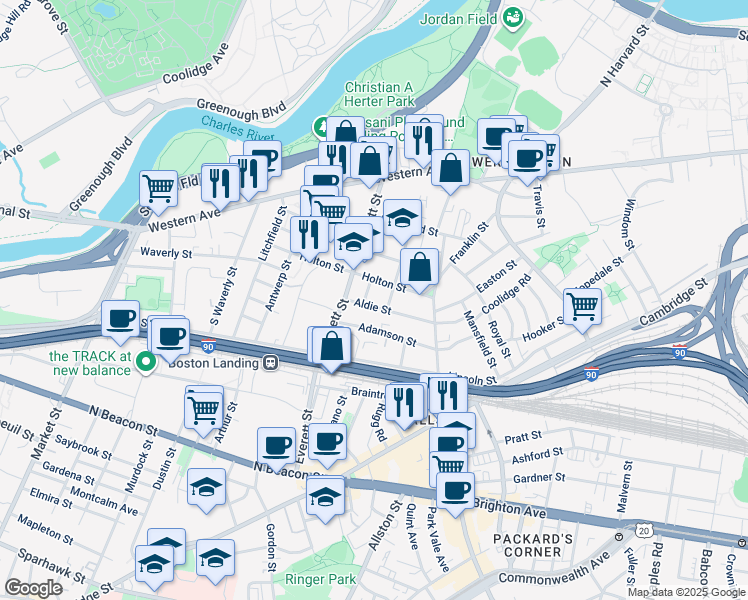 map of restaurants, bars, coffee shops, grocery stores, and more near 18-20 Bagnal Street in Boston