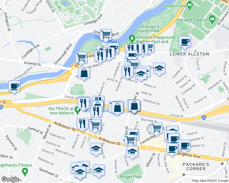 map of restaurants, bars, coffee shops, grocery stores, and more near 25 Duval Street in Boston