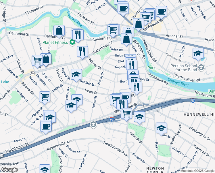 map of restaurants, bars, coffee shops, grocery stores, and more near 96 Boyd Street in Watertown