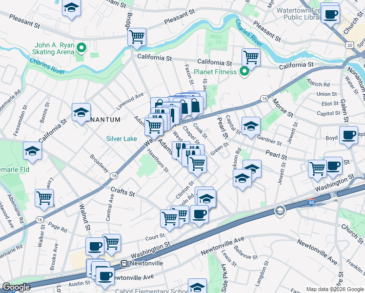 map of restaurants, bars, coffee shops, grocery stores, and more near 20 West Street in Newton
