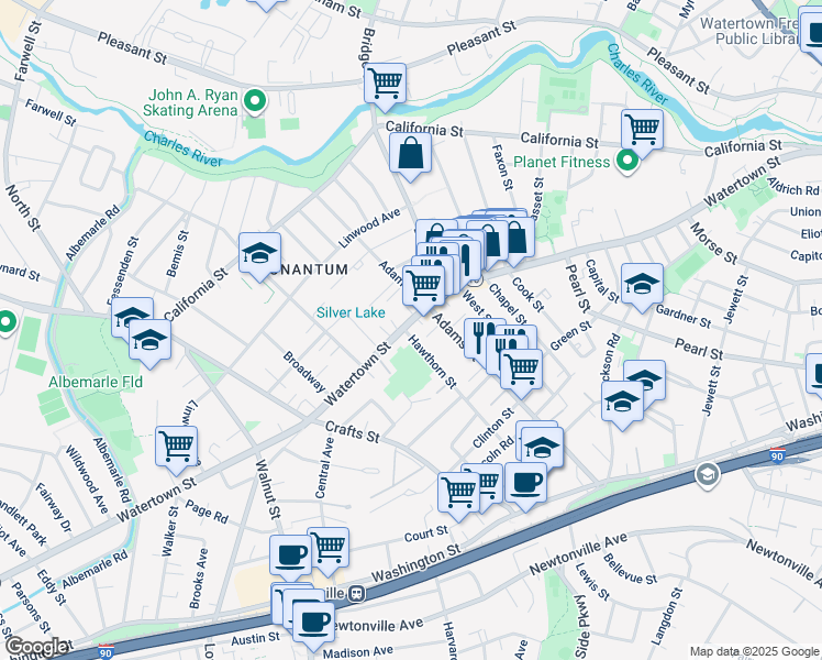 map of restaurants, bars, coffee shops, grocery stores, and more near 423R Watertown Street in Newton