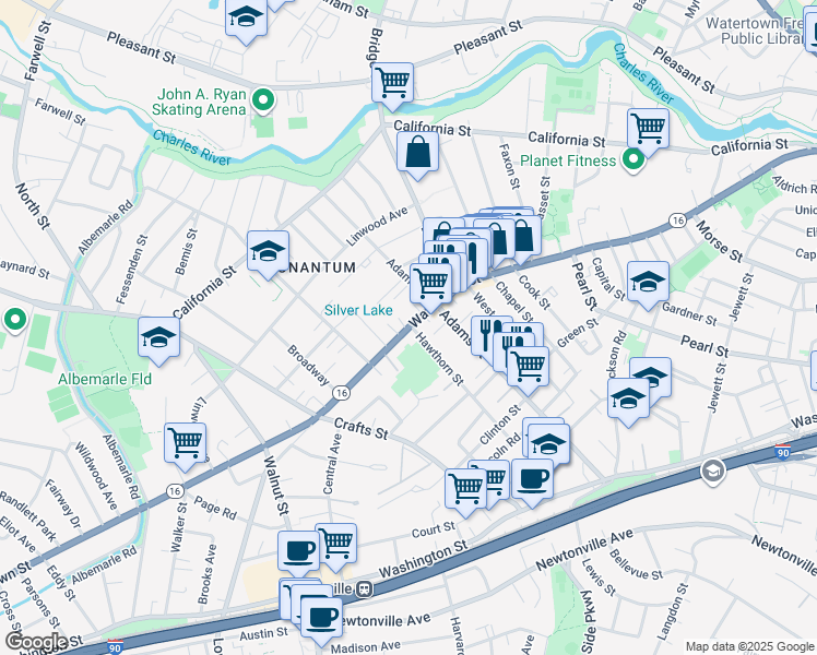 map of restaurants, bars, coffee shops, grocery stores, and more near 423R Watertown Street in Newton