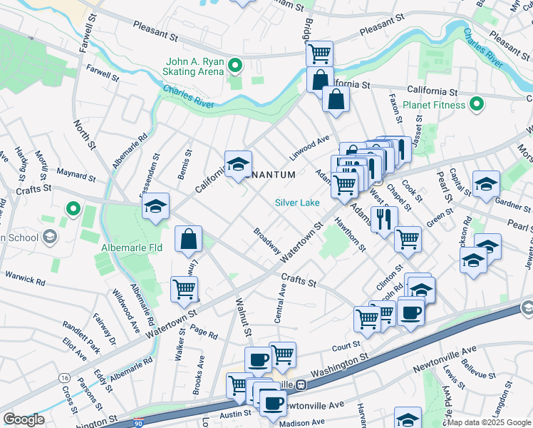 map of restaurants, bars, coffee shops, grocery stores, and more near 280 Nevada Street in Newton