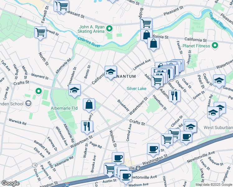 map of restaurants, bars, coffee shops, grocery stores, and more near 224 Linwood Avenue in Newton