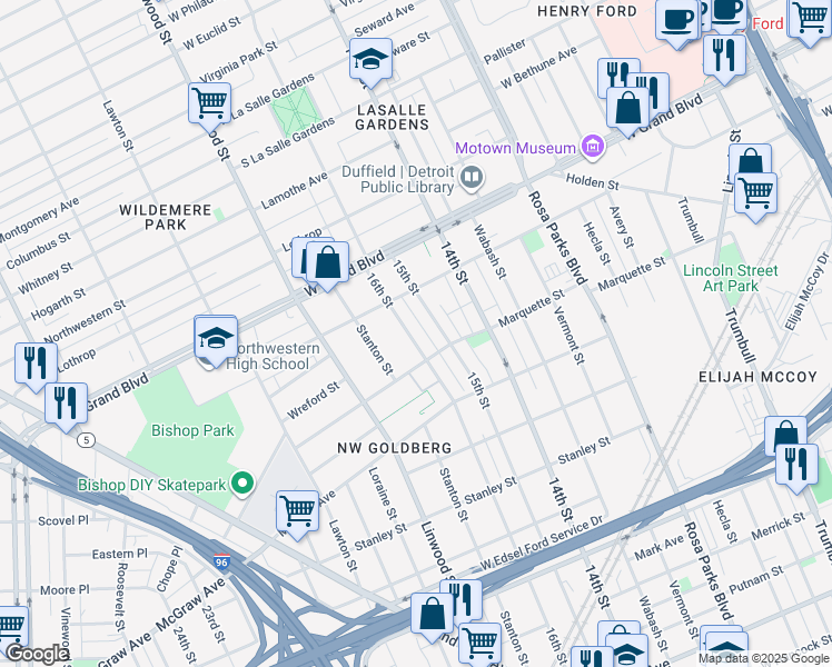 map of restaurants, bars, coffee shops, grocery stores, and more near 2317 Ferry Park Street in Detroit