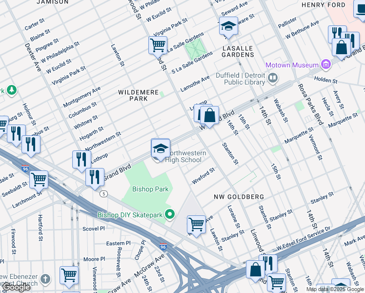map of restaurants, bars, coffee shops, grocery stores, and more near 2257 West Grand Boulevard in Detroit