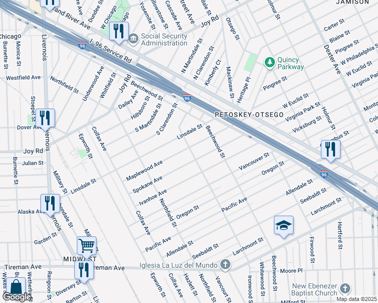 map of restaurants, bars, coffee shops, grocery stores, and more near 5205 Linsdale Street in Detroit