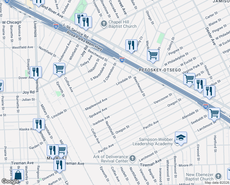 map of restaurants, bars, coffee shops, grocery stores, and more near 5205 Linsdale Street in Detroit