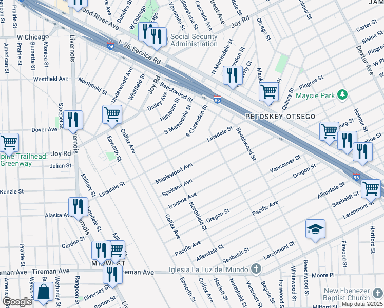 map of restaurants, bars, coffee shops, grocery stores, and more near 5284 Linsdale Street in Detroit