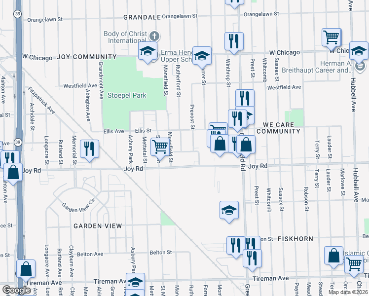 map of restaurants, bars, coffee shops, grocery stores, and more near 8940 Rutherford Street in Detroit