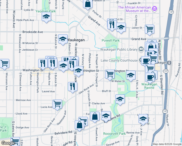 map of restaurants, bars, coffee shops, grocery stores, and more near 810 Washington Street in Waukegan