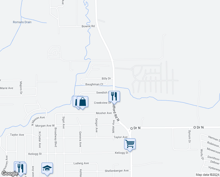 map of restaurants, bars, coffee shops, grocery stores, and more near 116 Swedish Drive in Battle Creek