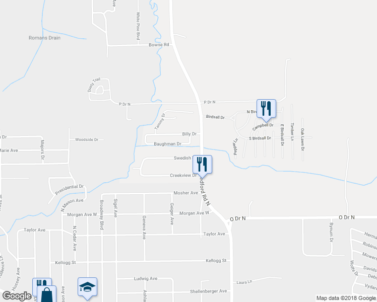 map of restaurants, bars, coffee shops, grocery stores, and more near 122 Swedish Drive in Battle Creek