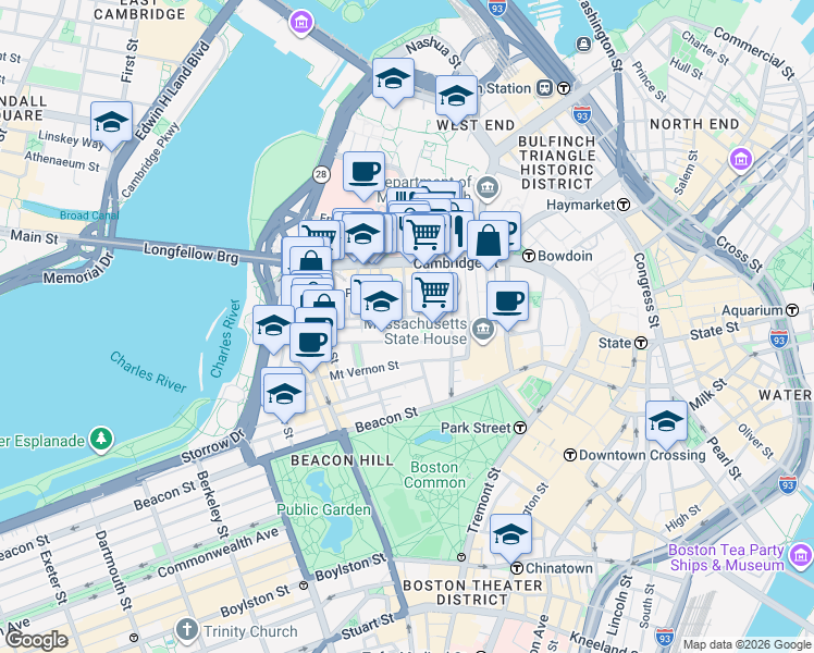 map of restaurants, bars, coffee shops, grocery stores, and more near Myrtle Street in Boston