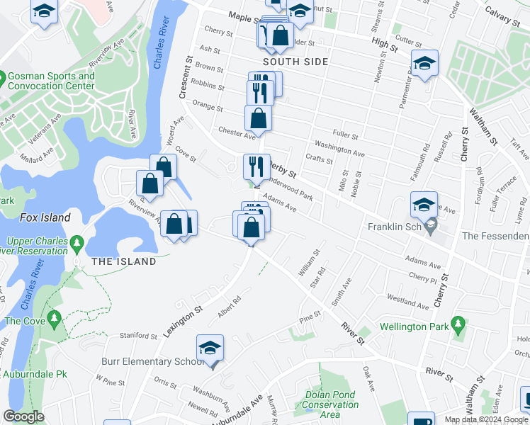 map of restaurants, bars, coffee shops, grocery stores, and more near 11 Milton Avenue in Newton