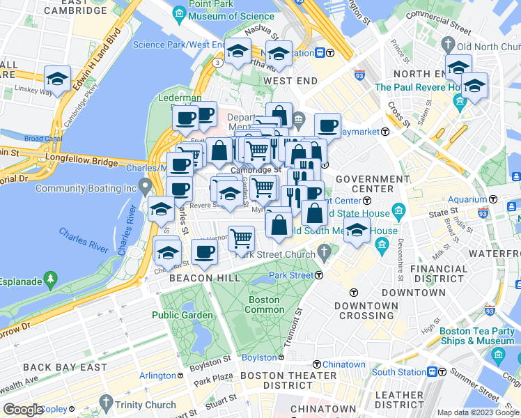 map of restaurants, bars, coffee shops, grocery stores, and more near Myrtle St & S Russell St in Boston