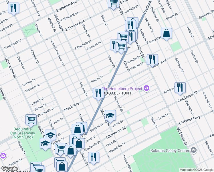 map of restaurants, bars, coffee shops, grocery stores, and more near 3329 Saint Joseph Street in Detroit