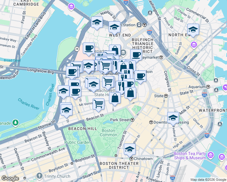 map of restaurants, bars, coffee shops, grocery stores, and more near Myrtle St & Joy St in Boston