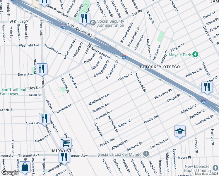 map of restaurants, bars, coffee shops, grocery stores, and more near 5284 Linsdale Street in Detroit