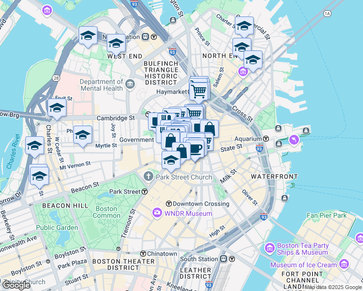 map of restaurants, bars, coffee shops, grocery stores, and more near 55 Court Street in Boston
