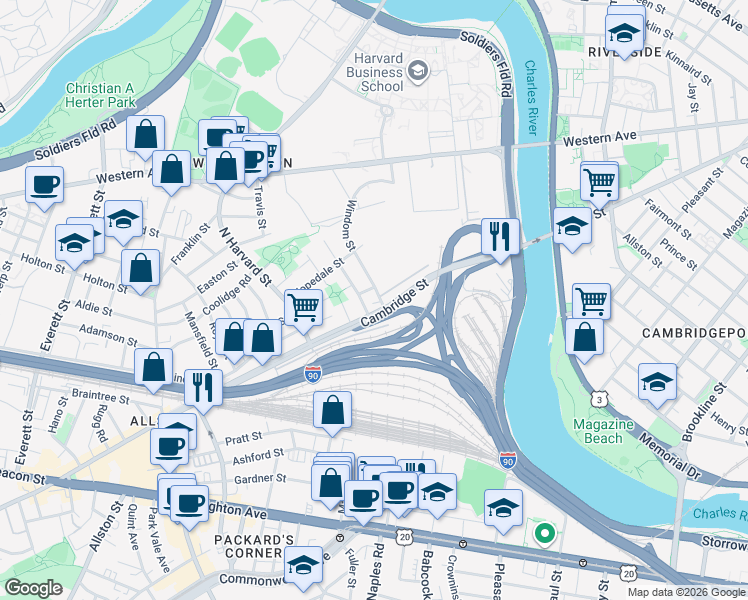 map of restaurants, bars, coffee shops, grocery stores, and more near 24 Windom Street in Boston