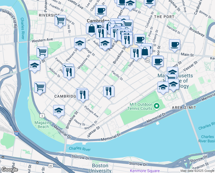 map of restaurants, bars, coffee shops, grocery stores, and more near 12 Emily Street in Cambridge