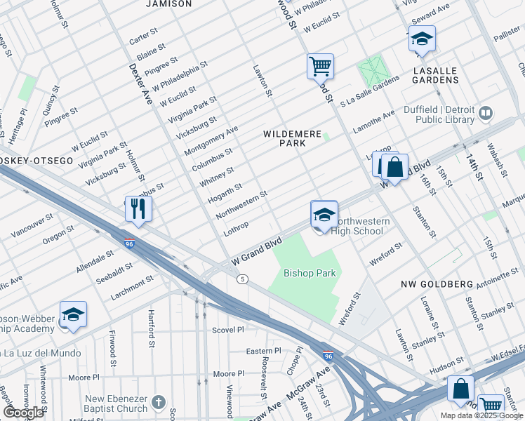 map of restaurants, bars, coffee shops, grocery stores, and more near 3226 Lothrop Street in Detroit