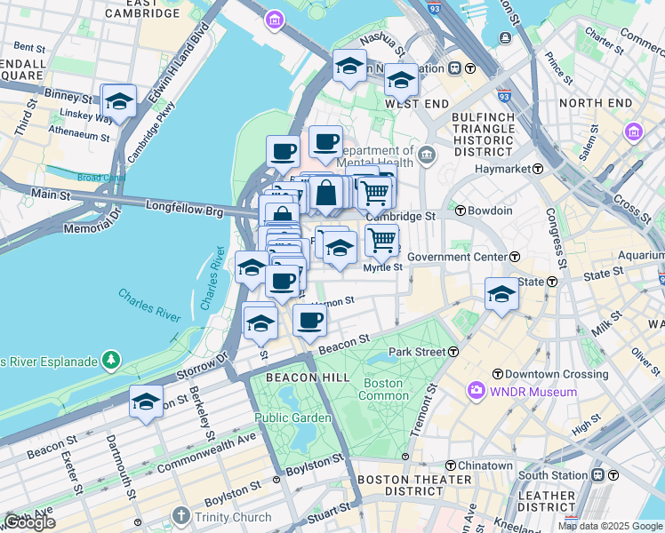 map of restaurants, bars, coffee shops, grocery stores, and more near 34 Grove Street in Boston
