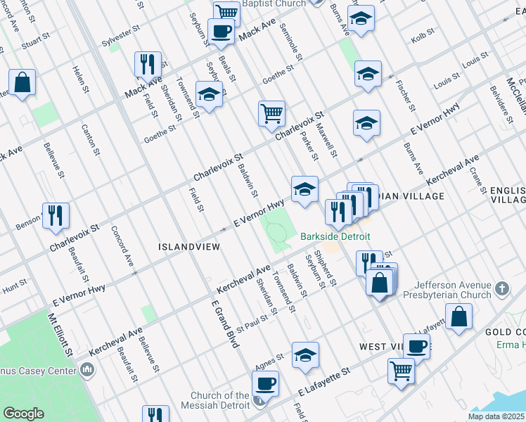 map of restaurants, bars, coffee shops, grocery stores, and more near East Vernor Highway in Detroit