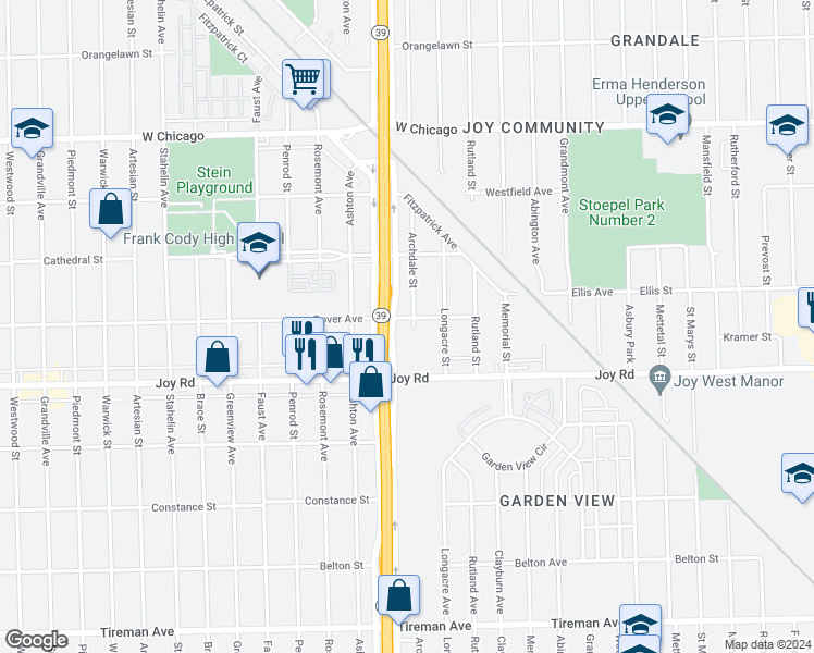 map of restaurants, bars, coffee shops, grocery stores, and more near 8899 Archdale Street in Detroit