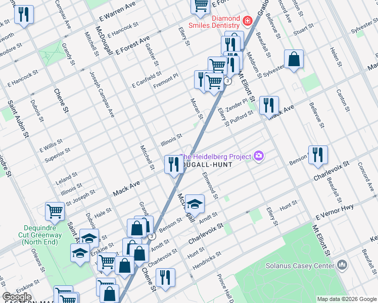 map of restaurants, bars, coffee shops, grocery stores, and more near 3329 Saint Joseph Street in Detroit