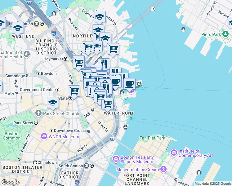 map of restaurants, bars, coffee shops, grocery stores, and more near 255 State Street in Boston
