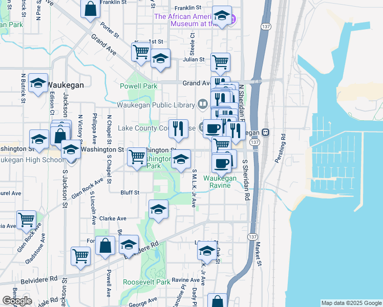 map of restaurants, bars, coffee shops, grocery stores, and more near 405 Washington Street in Waukegan