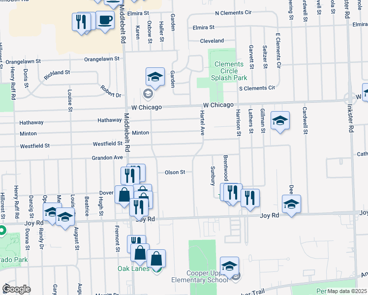 map of restaurants, bars, coffee shops, grocery stores, and more near 28912 Westfield Street in Livonia