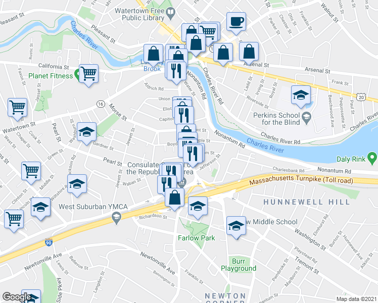 map of restaurants, bars, coffee shops, grocery stores, and more near Galen St & Williams St in Watertown