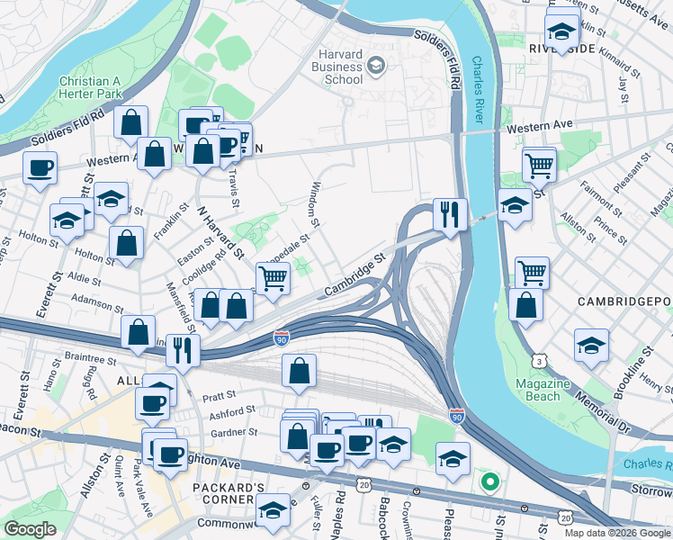 map of restaurants, bars, coffee shops, grocery stores, and more near 24 Windom Street in Boston