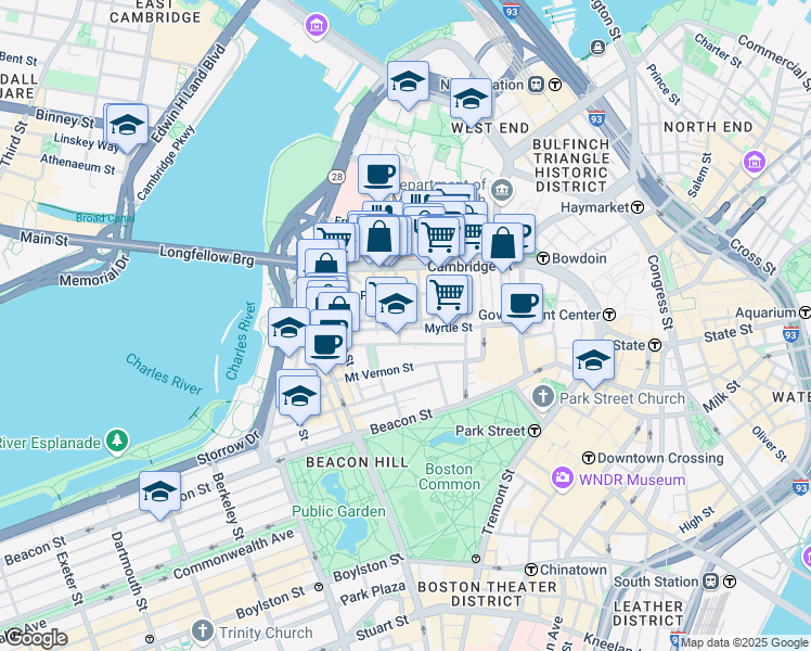 map of restaurants, bars, coffee shops, grocery stores, and more near 85 Myrtle Street in Boston