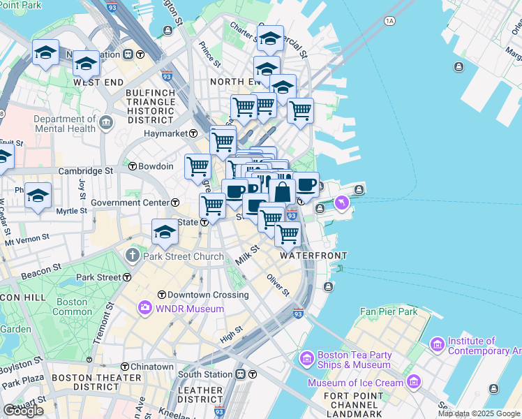 map of restaurants, bars, coffee shops, grocery stores, and more near 35 Commercial Street in Boston