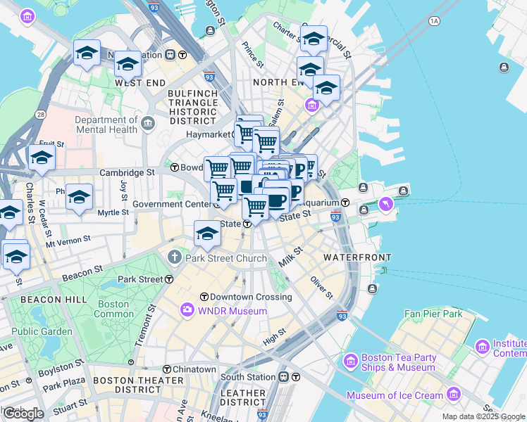 map of restaurants, bars, coffee shops, grocery stores, and more near 1 Faneuil Hall Square in Boston