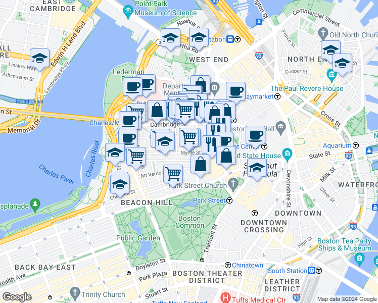 map of restaurants, bars, coffee shops, grocery stores, and more near 72 Joy Street in Boston