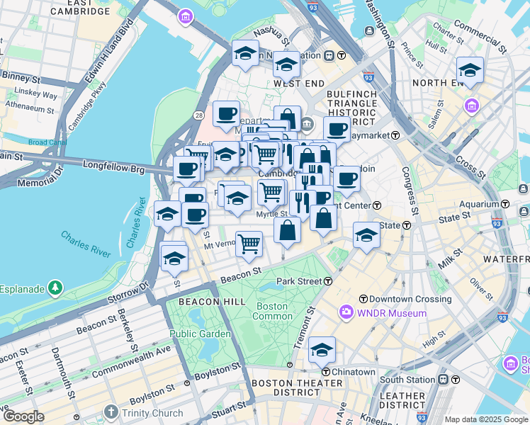map of restaurants, bars, coffee shops, grocery stores, and more near 45 Myrtle Street in Boston