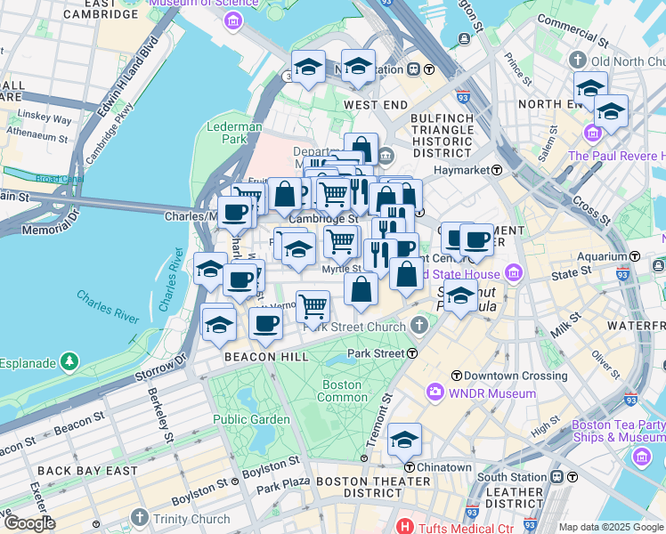 map of restaurants, bars, coffee shops, grocery stores, and more near 72 Joy Street in Boston