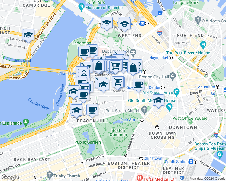 map of restaurants, bars, coffee shops, grocery stores, and more near 45 1/2 Garden Street in Boston