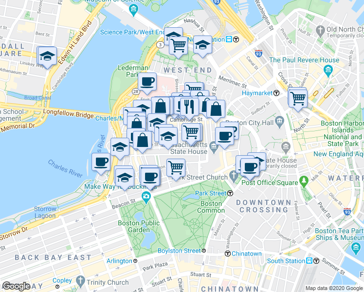 map of restaurants, bars, coffee shops, grocery stores, and more near 45 1/2 Garden Street in Boston
