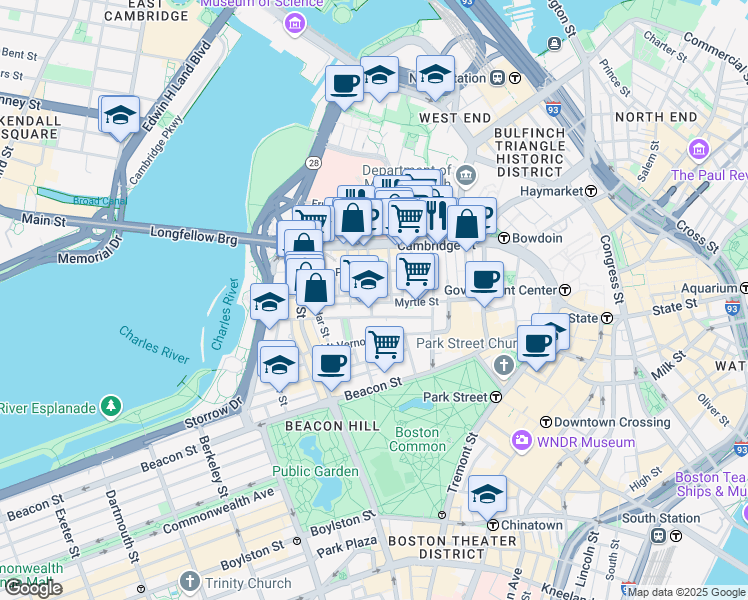 map of restaurants, bars, coffee shops, grocery stores, and more near 45 1/2 Garden Street in Boston