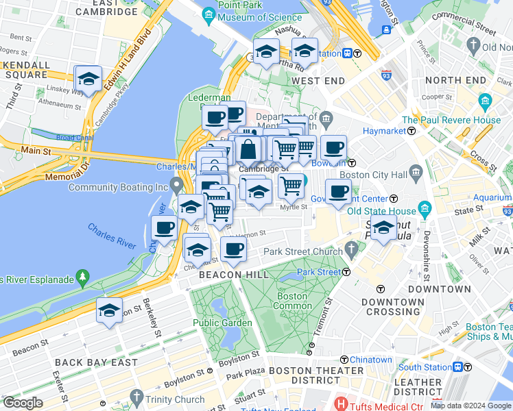map of restaurants, bars, coffee shops, grocery stores, and more near in Boston