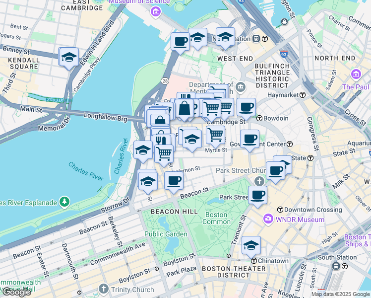 map of restaurants, bars, coffee shops, grocery stores, and more near in Boston