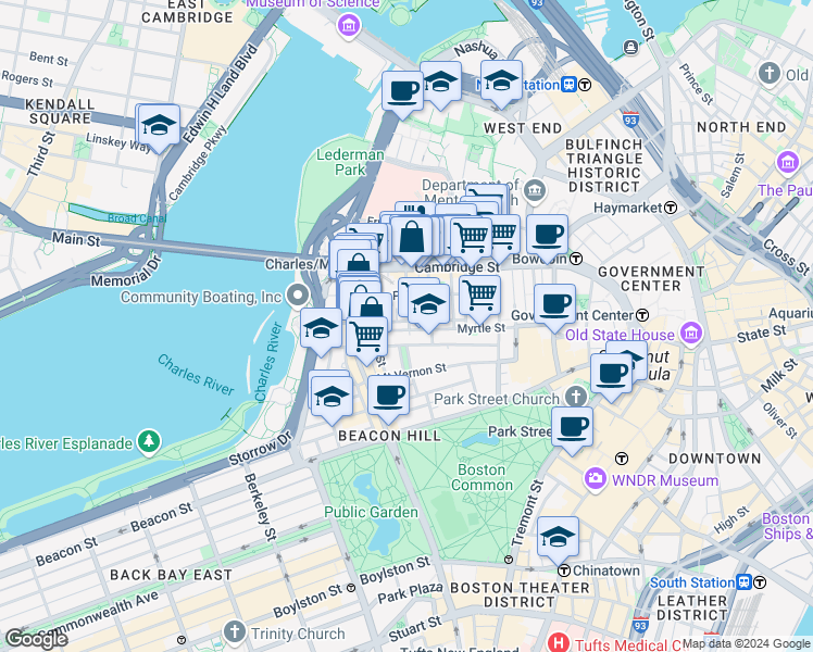 map of restaurants, bars, coffee shops, grocery stores, and more near in Boston